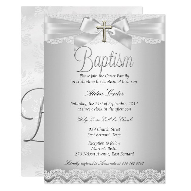 Silver Lace & Cross Baptism Boy Or Girl Invitation