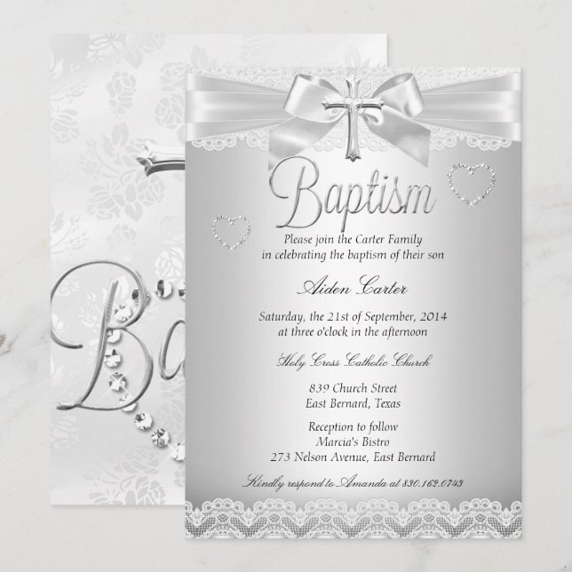 Silver Lace Cross Baptism Boy or Girl Invitation (Front/Back)