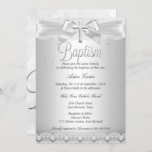 Silver Lace Cross Baptism Boy or Girl Invitation