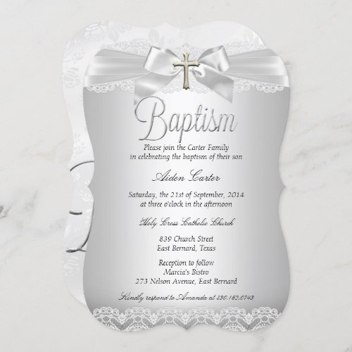 Silver Lace  Cross Baptism Boy or Girl Invitation