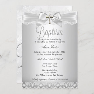 Silver Lace & Cross Baptism Boy or Girl Invitation