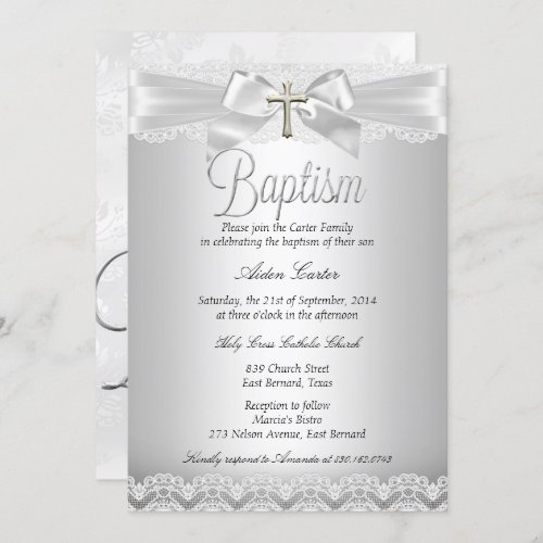 Silver Lace  Cross Baptism Boy or Girl Invitation