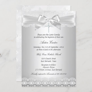 Silver Lace & Cross Baptism Invite