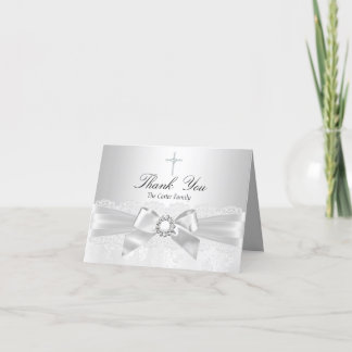 Silver Lace & Cross Baptism Thank You Card