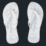 Silver Lace & Dusty Blue Maid of Honor Wedding Flip Flops<br><div class="desc">These beautiful wedding flip flops are a great way to thank and recognize your Maid of Honor while saving her feet at the same time. Features an elegant design with silver gray lace on a white background and fancy dusty blue script lettering. The test reads Maid of Honor with her...</div>