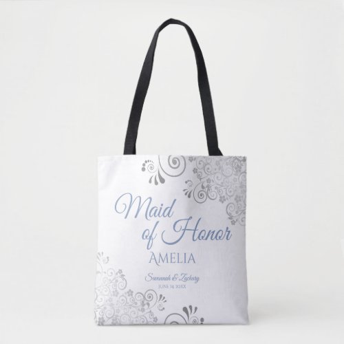 Silver Lace Dusty Blue Maid of Honor White Wedding Tote Bag