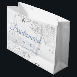 Silver Lace Dusty Blue on White Bridesmaid Wedding Large Gift Bag<br><div class="desc">These beautiful gift bags are designed as a wedding gift or favor bag for your Bridesmaids. They feature a simple yet elegant design with silver faux foil lace frills and dusty blue colored text reading "Bridesmaid" written in fancy script letters. There is also a place to enter her name, the...</div>