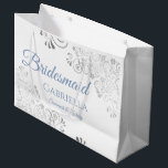 Silver Lace Dusty Blue on White Bridesmaid Wedding Large Gift Bag<br><div class="desc">These beautiful gift bags are designed as a wedding gift or favor bag for your Bridesmaids. They feature a simple yet elegant design with silver faux foil lace frills and dusty blue colored text reading "Bridesmaid" written in fancy script letters. There is also a place to enter her name, the...</div>