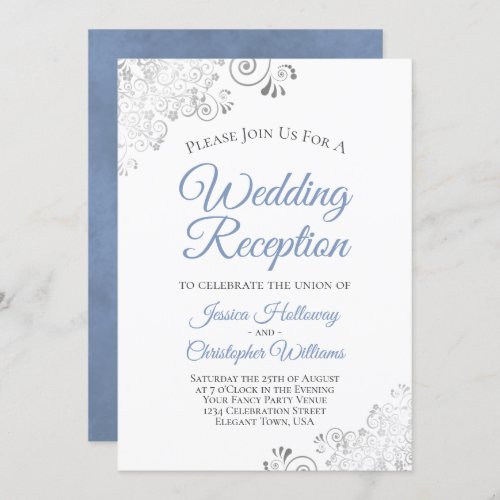 Silver Lace Dusty Blue on White Wedding Reception Invitation