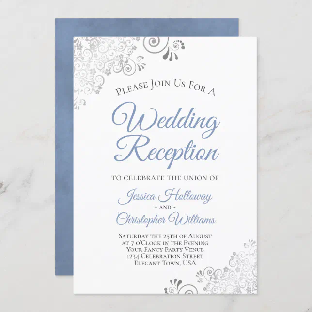 Silver Lace Dusty Blue on White Wedding Reception Invitation | Zazzle