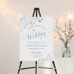 Silver Lace Dusty Blue on White Wedding Welcome Foam Board