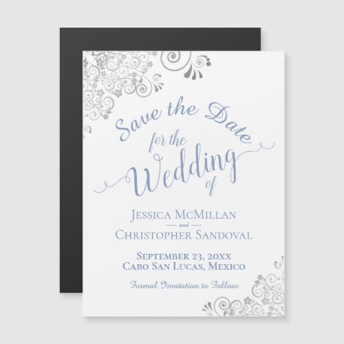 Silver Lace Dusty Blue Save the Date White Magnet