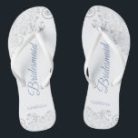 Silver Lace & Dusty Blue Script Bridesmaid Wedding Flip Flops<br><div class="desc">These elegant wedding flip flops are a great way to thank and recognize your bridesmaids, while giving their feet a rest after a long day. The beautiful design features an elegant design with silver gray lace frills on a white background and fancy dusty blue script lettering. The text reads Bridesmaid...</div>