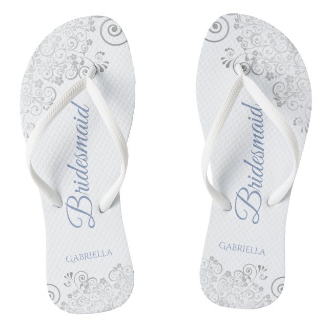 Silver Lace & Dusty Blue Script Bridesmaid Wedding Flip Flops (Footbed)