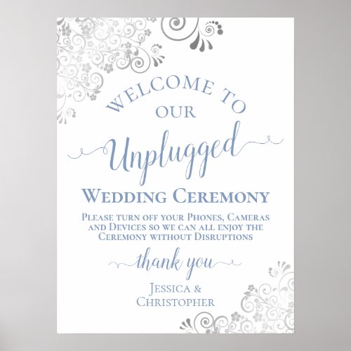 Silver Lace Dusty Blue Unplugged Wedding Ceremony Poster