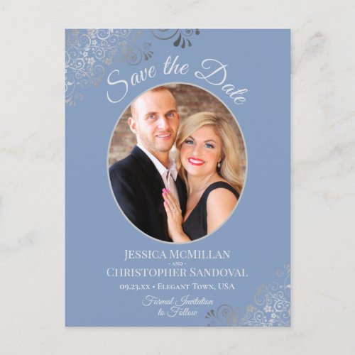 Silver Lace Dusty Blue Wedding Save the Date Photo Announcement Postcard