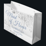 Silver Lace Dusty Blue White Maid of Honor Wedding Large Gift Bag<br><div class="desc">This beautiful gift bag is designed as a wedding gift or favor bag for the Maid of Honor. It features an elegant design with silver faux foil lace frills and dusty blue or periwinkle colored text reading "Maid of Honor" as well as a place to enter her name, the couple's...</div>