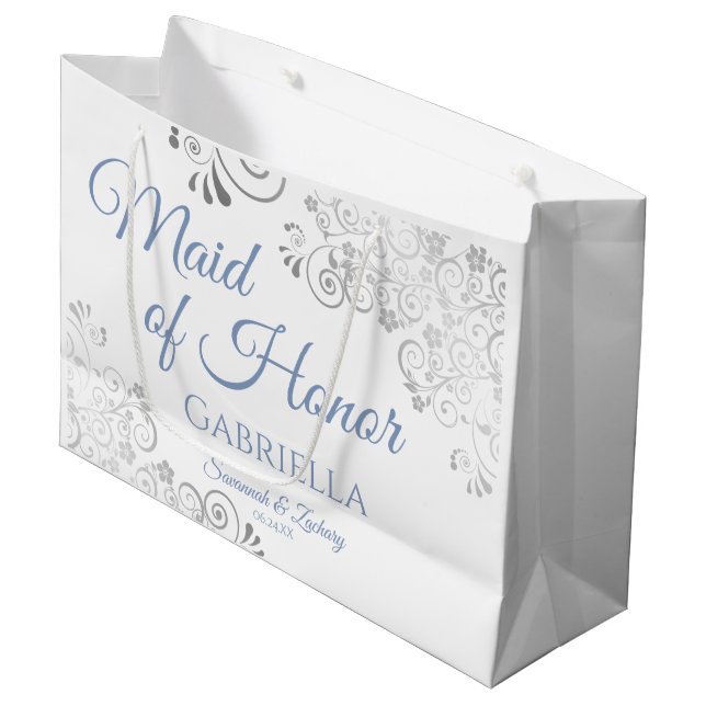Silver Lace Dusty Blue White Maid of Honor Wedding Large Gift Bag (Front Angled)
