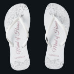 Silver Lace & Dusty Rose Maid of Honor Wedding Flip Flops<br><div class="desc">These beautiful wedding flip flops are a great way to thank and recognize your Maid of Honor while saving her feet at the same time. Features an elegant design with silver gray lace on a white background and fancy dusty rose or mauve pink script lettering. The test reads Maid of...</div>