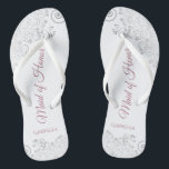 Silver Lace & Dusty Rose Maid of Honor Wedding Flip Flops<br><div class="desc">These beautiful wedding flip flops are a great way to thank and recognize your Maid of Honor while saving her feet at the same time. Features an elegant design with silver gray lace on a white background and fancy dusty rose or mauve pink script lettering. The test reads Maid of...</div>