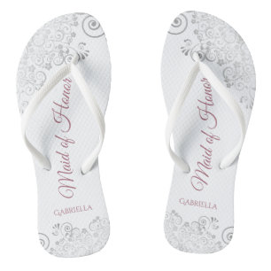 Silver Lace & Dusty Rose Maid of Honor Wedding Flip Flops