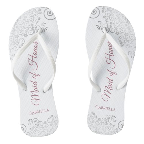 Silver Lace  Dusty Rose Maid of Honor Wedding Flip Flops
