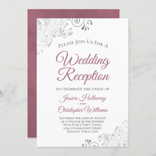 Silver Lace Dusty Rose on White Wedding Reception Invitation