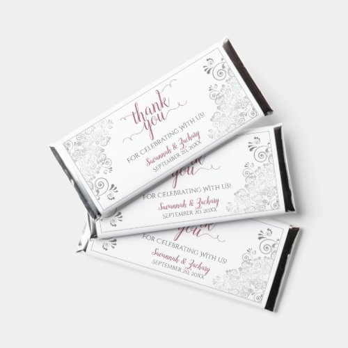 Silver Lace Dusty Rose on White Wedding Thank You Hershey Bar Favors