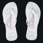 Silver Lace & Dusty Rose Script Bridesmaid Wedding Flip Flops<br><div class="desc">These elegant wedding flip flops are a great way to thank and recognize your bridesmaids, while giving their feet a rest after a long day. The beautiful design features an elegant design with silver gray lace frills on a white background and fancy dusty rose or mauve pink script lettering. The...</div>