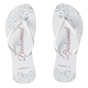 Silver Lace & Dusty Rose Script Bridesmaid Wedding Flip Flops