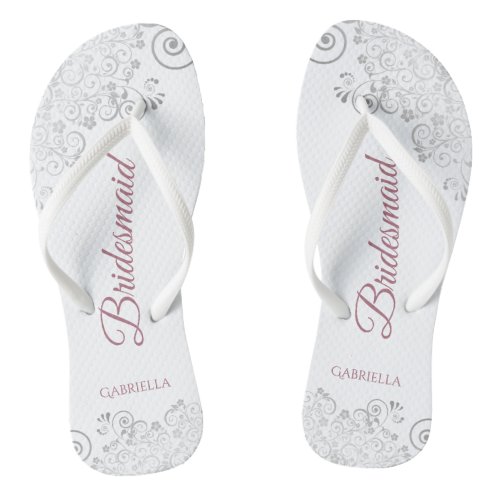 Silver Lace  Dusty Rose Script Bridesmaid Wedding Flip Flops