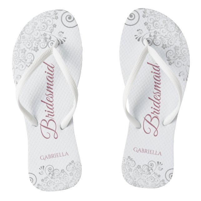Silver Lace & Dusty Rose Script Bridesmaid Wedding Flip Flops (Footbed)