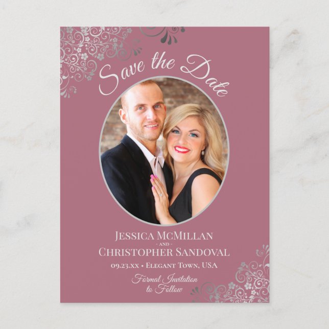 Silver Lace Dusty Rose Wedding Save the Date Photo Announcement Postcard (Front)