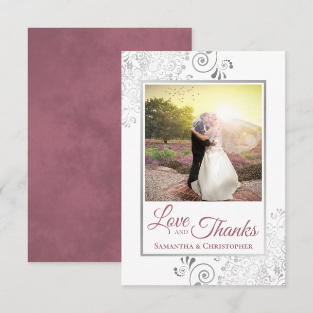 Silver Lace Dusty Rose White Love & Thanks Wedding Thank You Card (Front/Back)
