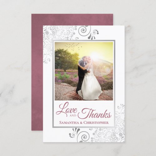 Silver Lace Dusty Rose White Love  Thanks Wedding Thank You Card