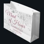 Silver Lace Dusty Rose White Maid of Honor Wedding Large Gift Bag<br><div class="desc">This beautiful gift bag is designed as a wedding gift or favor bag for the Maid of Honor. It features an elegant design with silver faux foil lace frills and dusty rose or mauve pink colored text reading "Maid of Honor" as well as a place to enter her name, the...</div>