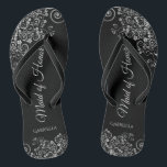 Silver Lace Elegant Black Maid of Honor Wedding Flip Flops<br><div class="desc">These beautiful wedding flip flops are a great way to thank and recognize your Maid of Honor while saving her feet at the same time. Features an elegant design with silver gray lace on a black background and fancy script lettering. The test reads Maid of Honor with her name below....</div>