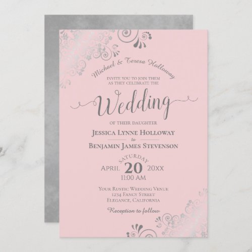 Silver Lace Elegant Blush Pink Formal Wedding Invitation