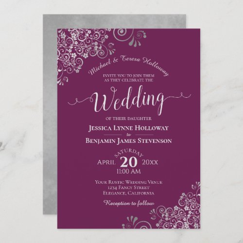 Silver Lace Elegant Cassis Purple Formal Wedding Invitation