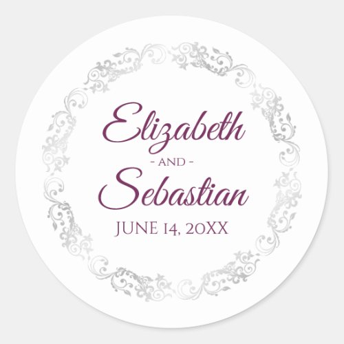 Silver Lace Elegant Cassis Purple on White Wedding Classic Round Sticker