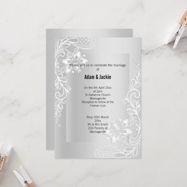 SILVER LACE ELEGANT CLASSY WEDDING 2 INVITATION (Front/Back In Situ)