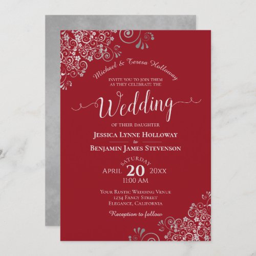 Silver Lace Elegant Crimson Red Formal Wedding Invitation