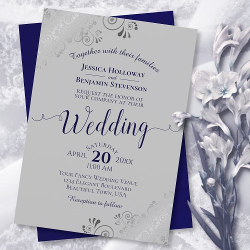Silver Lace Elegant Navy Blue  Gray Wedding Invitation