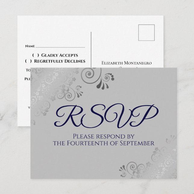Silver Lace Elegant Navy Blue on Gray Wedding RSVP Postcard (Front/Back)