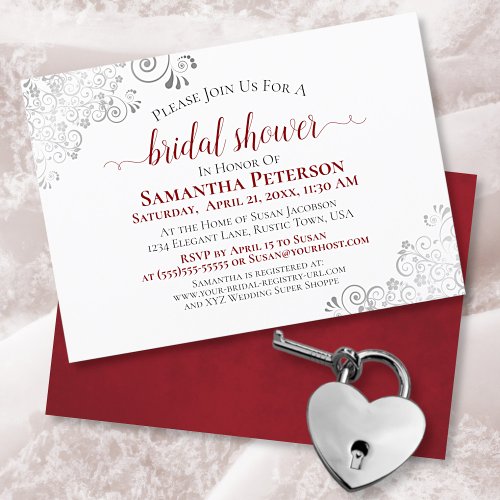 Silver Lace Elegant Red  White Bridal Shower Invitation