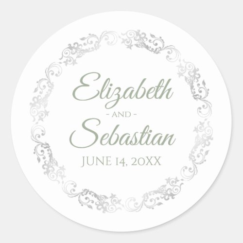 Silver Lace Elegant Sage Green on White Wedding Classic Round Sticker