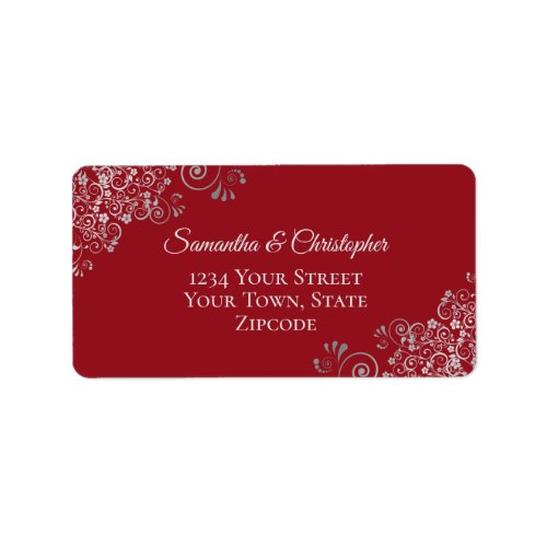 Silver Lace Frills on Crimson Red Wedding Address Label