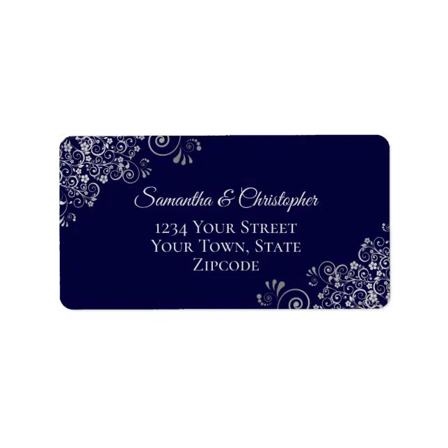 Silver Lace Frills on Navy Blue Wedding Address Label | Zazzle