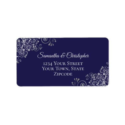 Silver Lace Frills on Navy Blue Wedding Address Label