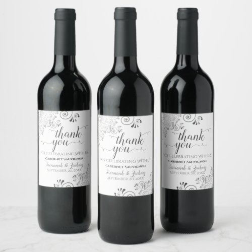 Silver Lace Frills on White Wedding Thank You Wine Label